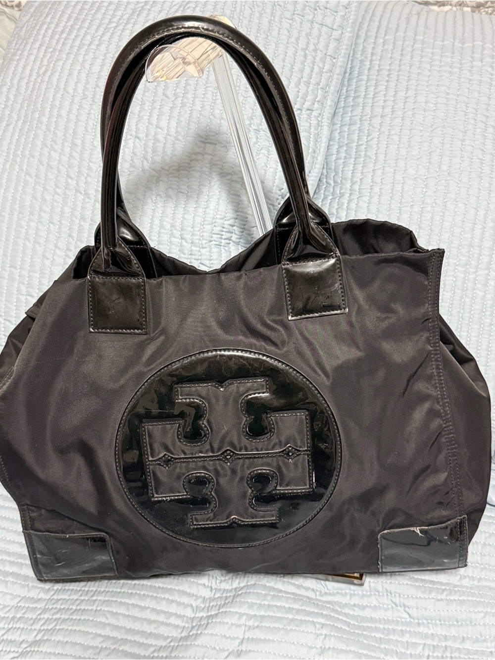 Tory Burch Black Nylon Tote with Patent Logo